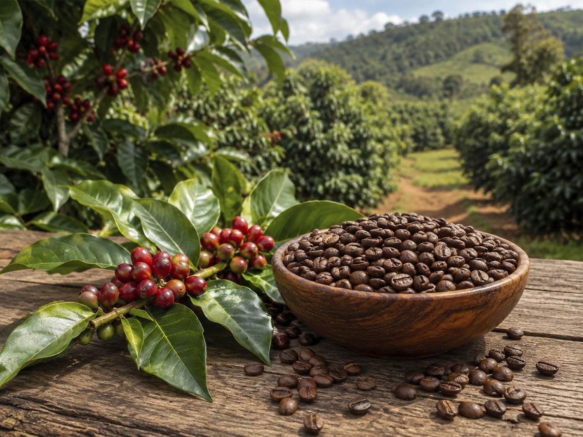 Roasted coffee beans in close-up