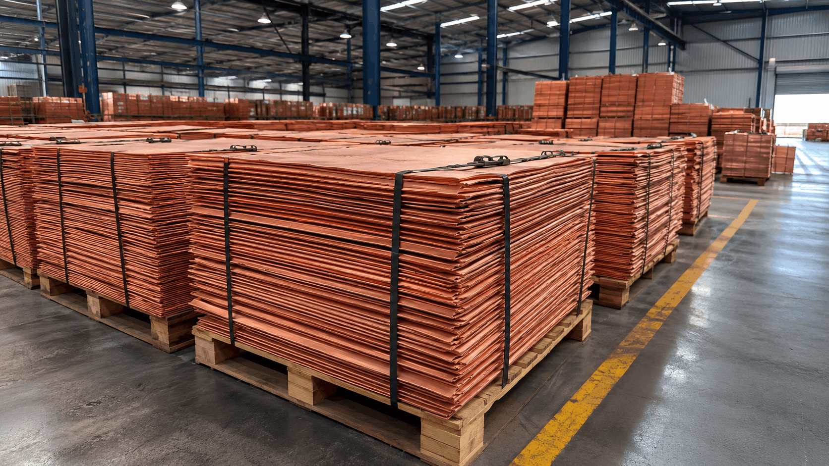 Bundled copper cathode plates in industrial storage