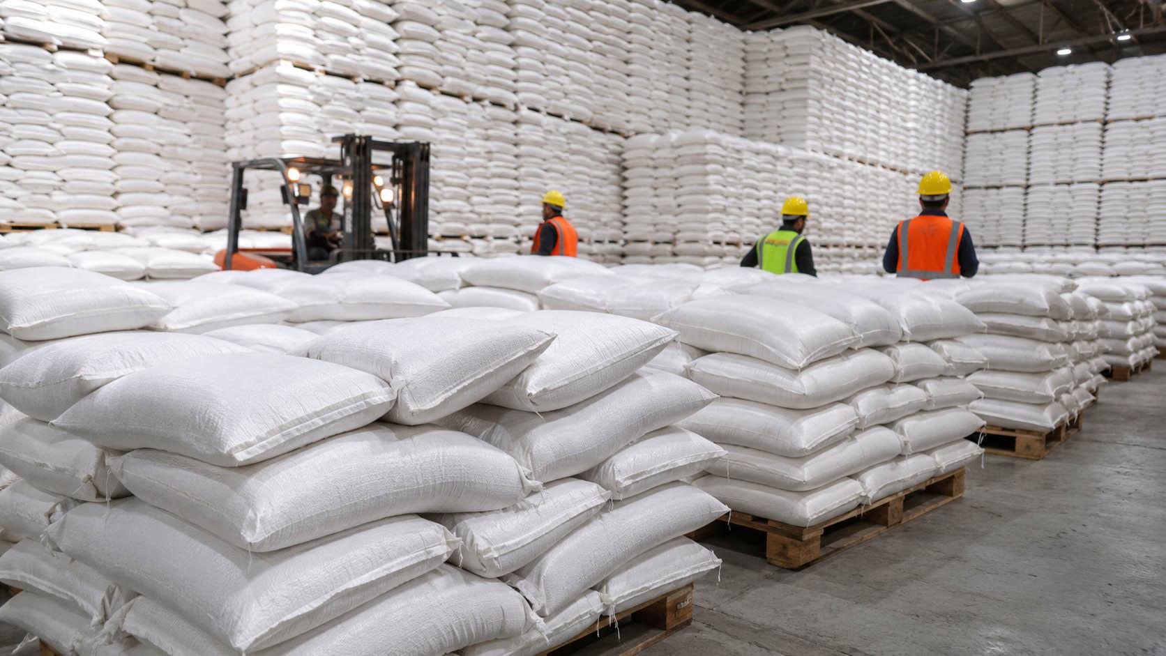 Bagged sugar arranged on pallets in a warehouse