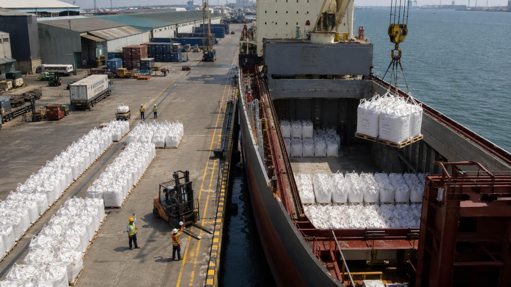 Bulk bags being loaded onto a cargo vessel