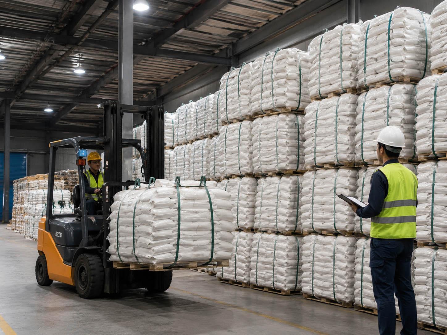 Bagged sugar being handled in a warehouse