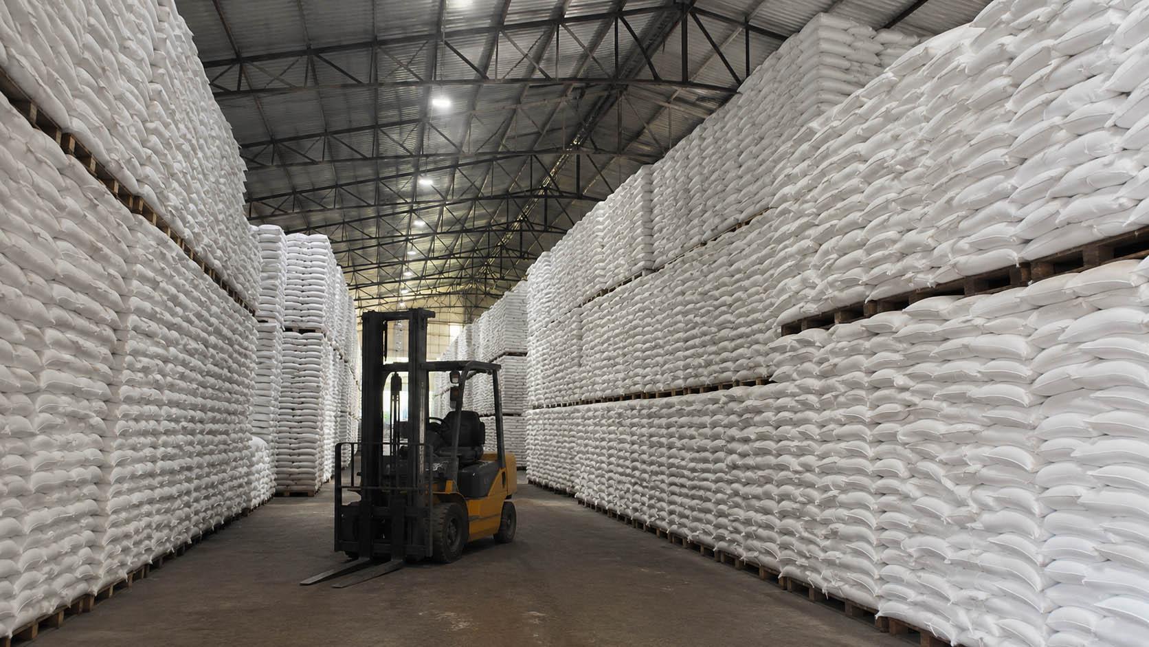 Bagged sugar stored with material-handling equipment