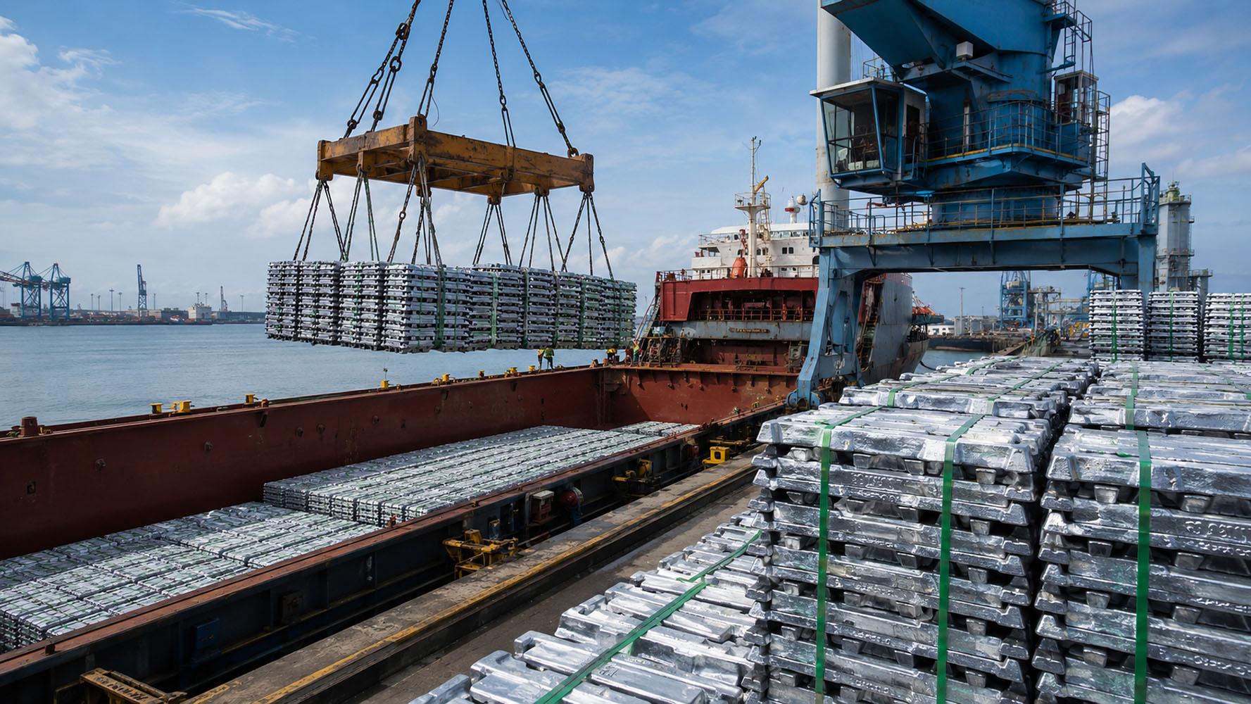 Primary aluminium ingots being handled during port loading