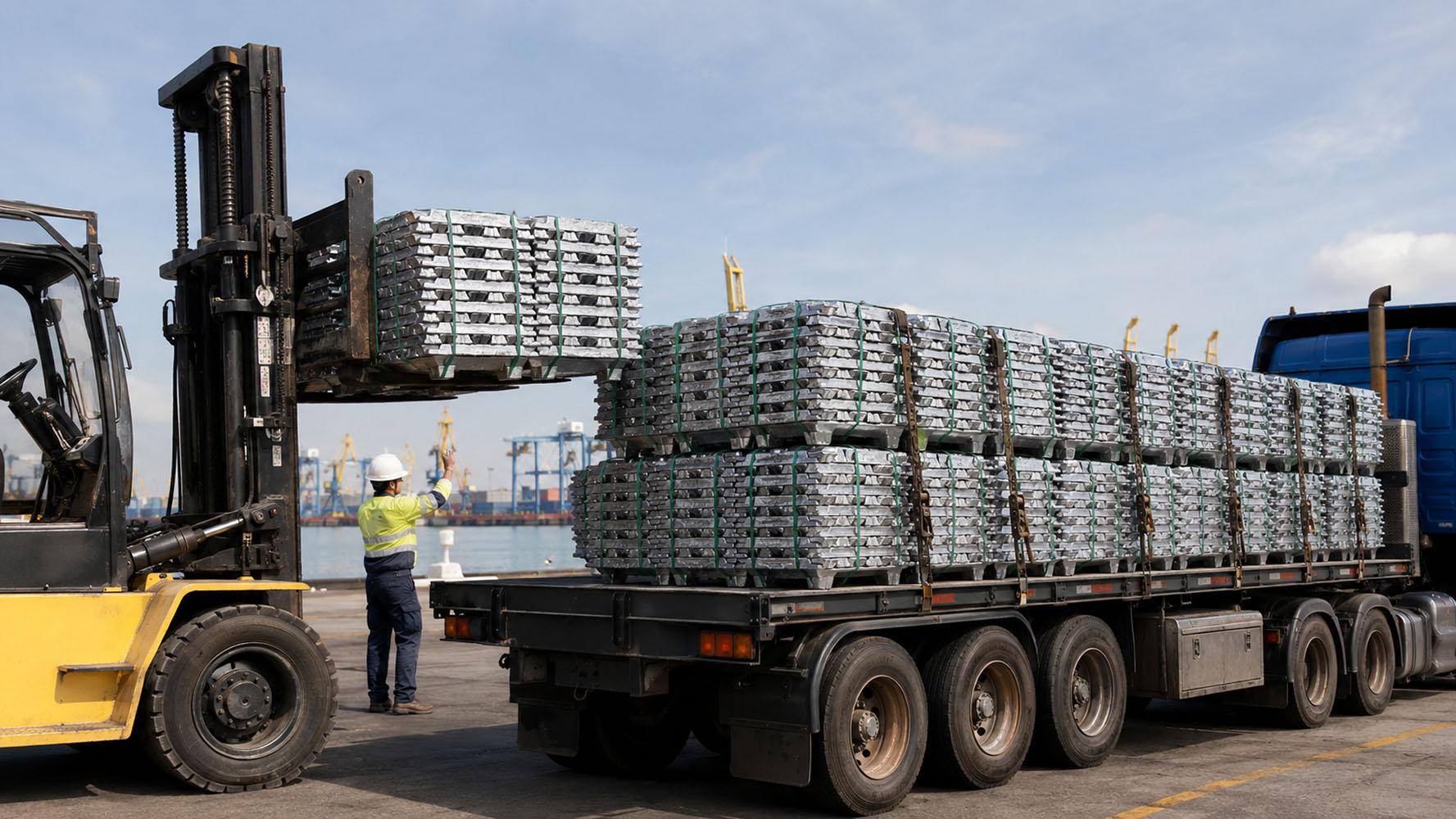 Aluminium ingots being handled at a port