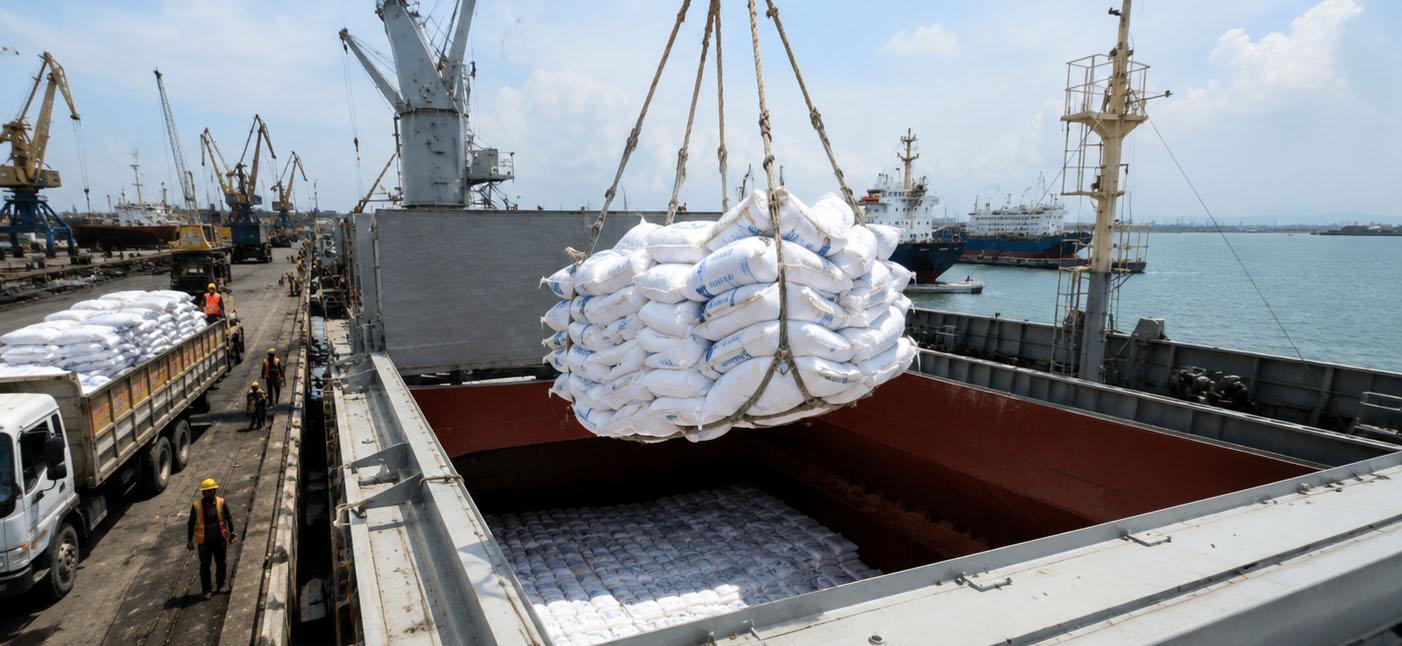 Bagged sugar being lifted into a cargo vessel