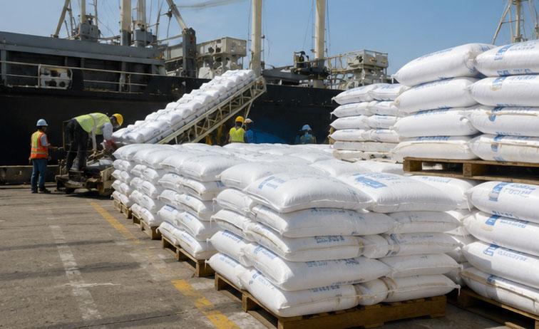 Bagged sugar being prepared for vessel loading