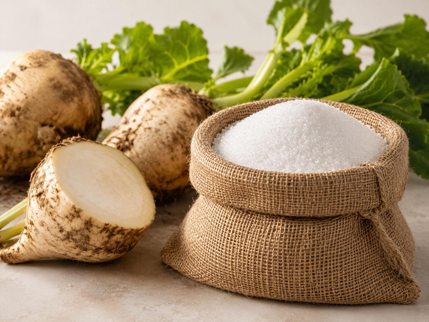 White beet sugar with whole and cut sugar beets