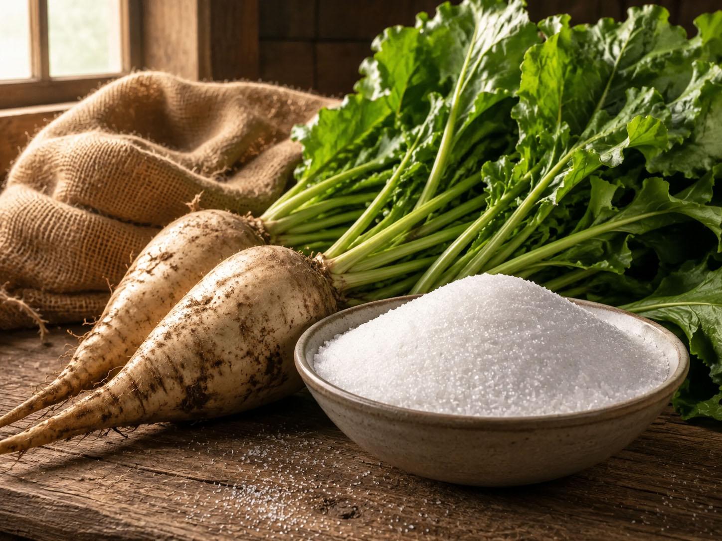 White granulated beet sugar with harvested sugar beets