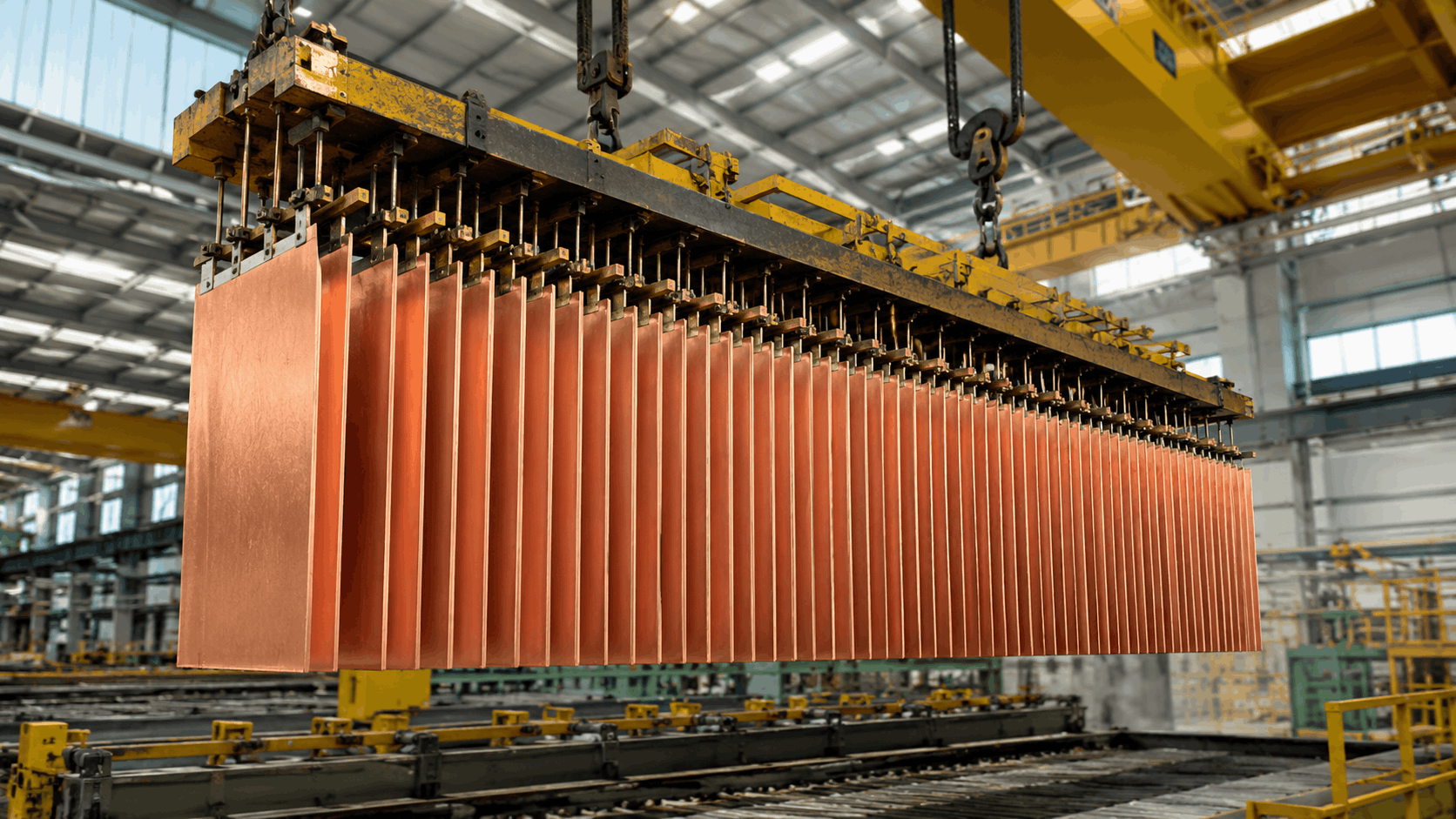 Copper cathode plates being handled in production